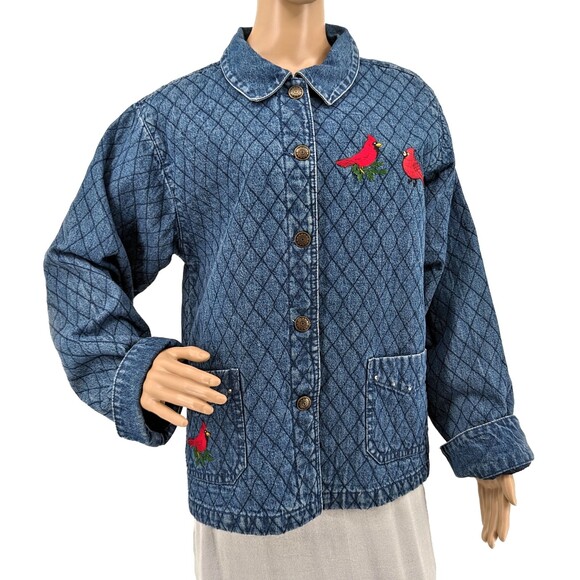Vintage 1990s PTNY Denim Jacket Quilted Cardinal Embroidered Cottage Size M - Picture 2 of 11
